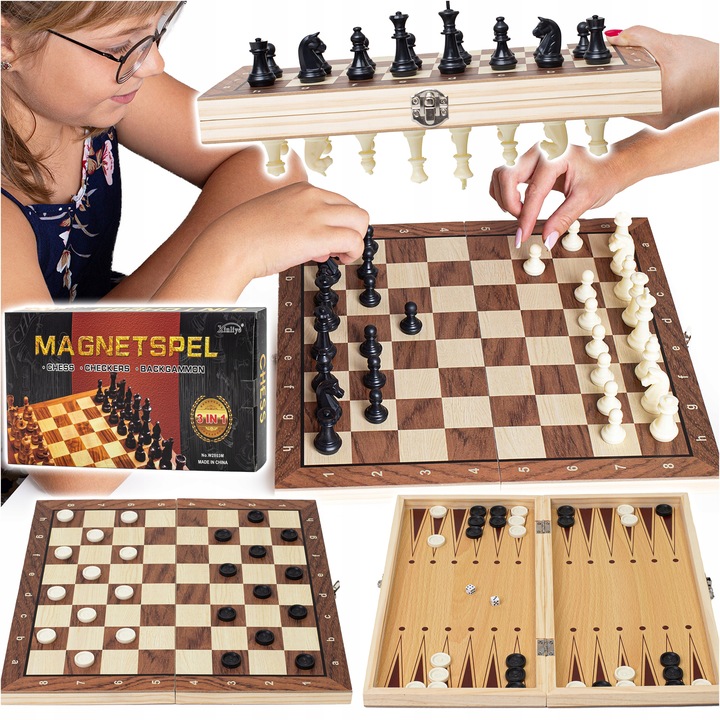 SZACHY DREWNIANE MAGNETYCZNE KLASYCZNE DUŻE WARCABY BACKGAMON GRA 3W1 34X34