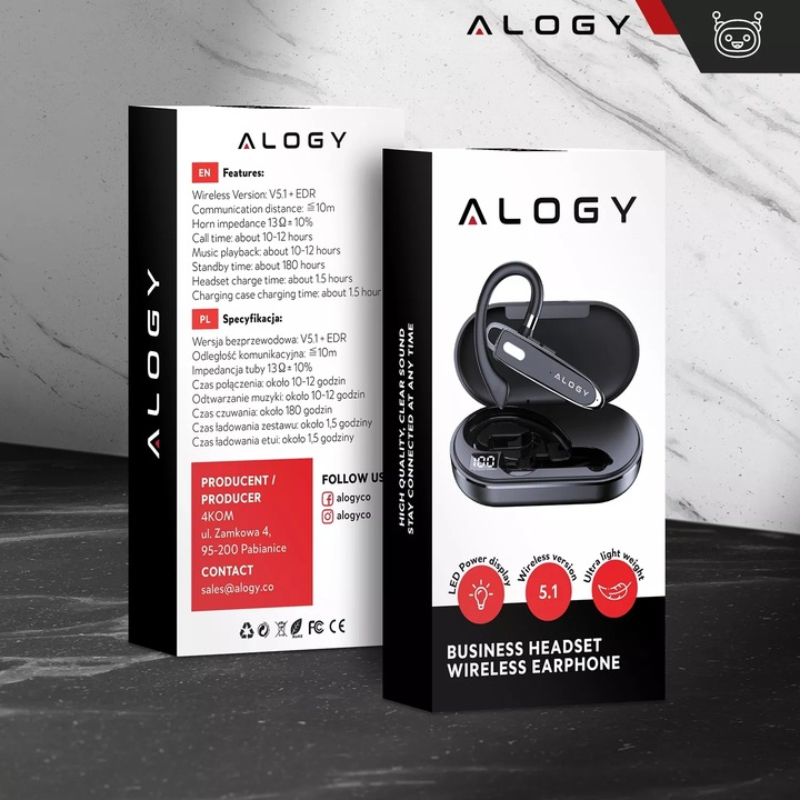 SŁUCHAWKA BLUETOOTH 5.1 ALOGY BEZPRZEWODOWY ZESTAW SŁUCHAWKOWY 12H ROZMÓW