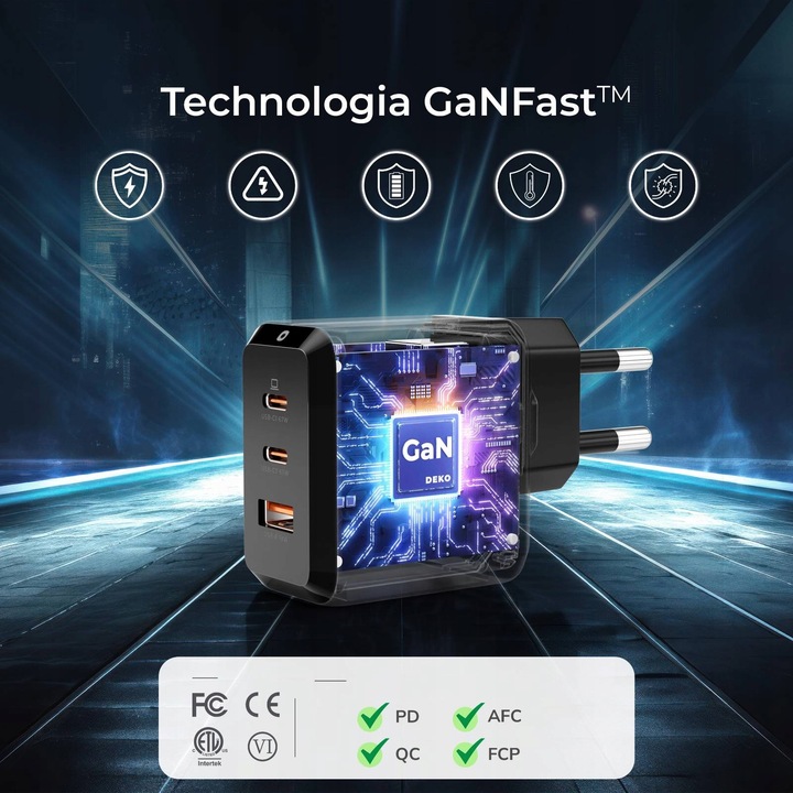 ŁADOWARKA USB C 3x USB 67W 65W TYP C UNIWERSALNA CZARNA + KABEL USB C 100W