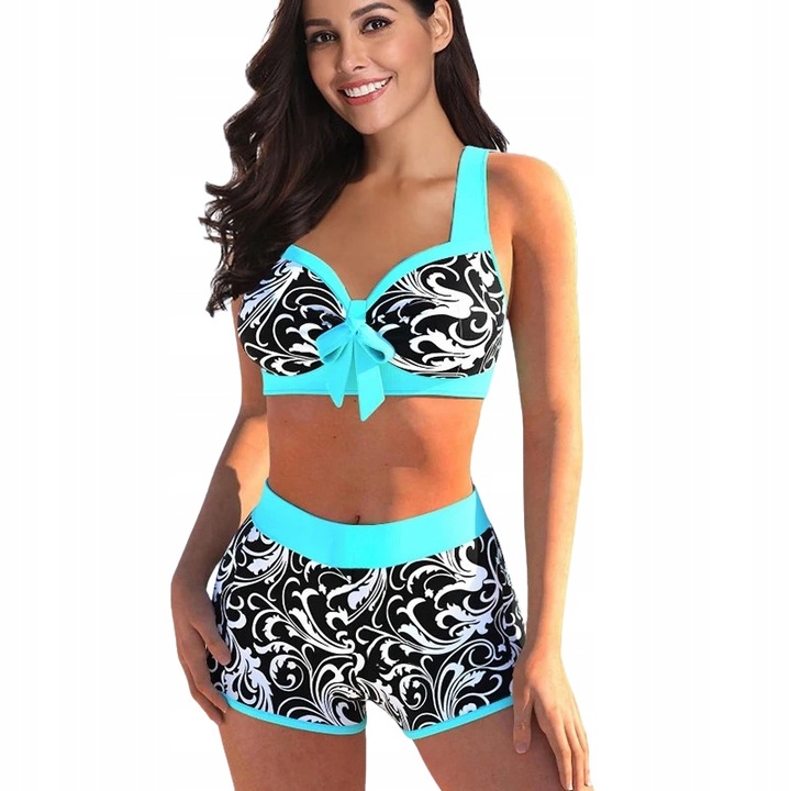 Wzorzysty strój kąpielowy spodenki wysoki stan szerokie ramiączka