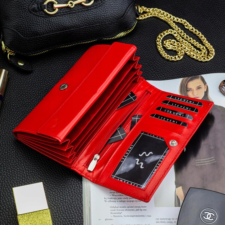 Duży Pojemny Portfel Damski Skórzany STEVENS Czerwony Z Ochroną RFID