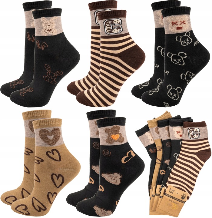 5x Skarpetki Damskie Skarpety Bawełniane Kolorowe Śmieszne Wzory 39-42