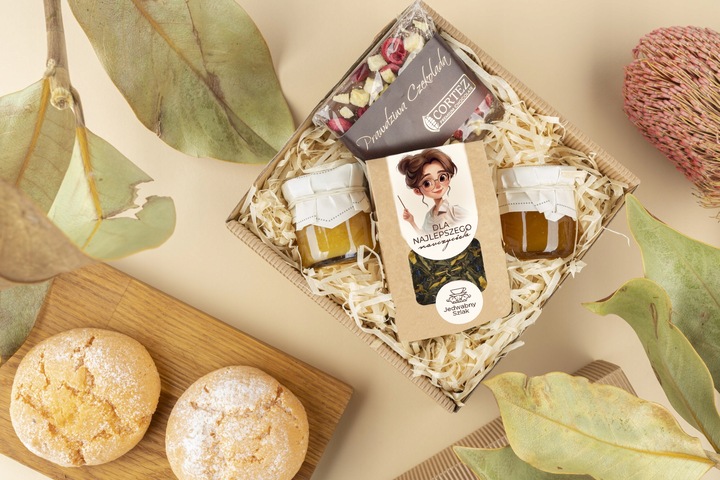 Zestaw prezentowy DLA NAUCZYCIELA herbata CZEKOLADA konfitury na prezent