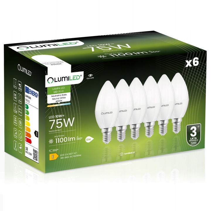 6x Żarówka LED E14 Świeczka 10W = 100W 4000K Neutralna LUMILED NIE