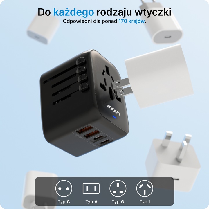 Wtyczka światowa VOOMY - 170+ krajów, 20W, 2 USB-C & 2 USB-A, Czarna