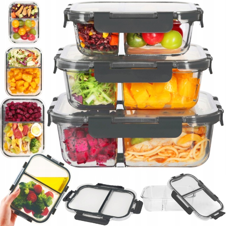 LUNCHBOX POJEMNIK SZKLANY NA ŻYWNOŚĆ ZESTAW 3SZT DWUKOMOROWE HERMETYCZNE