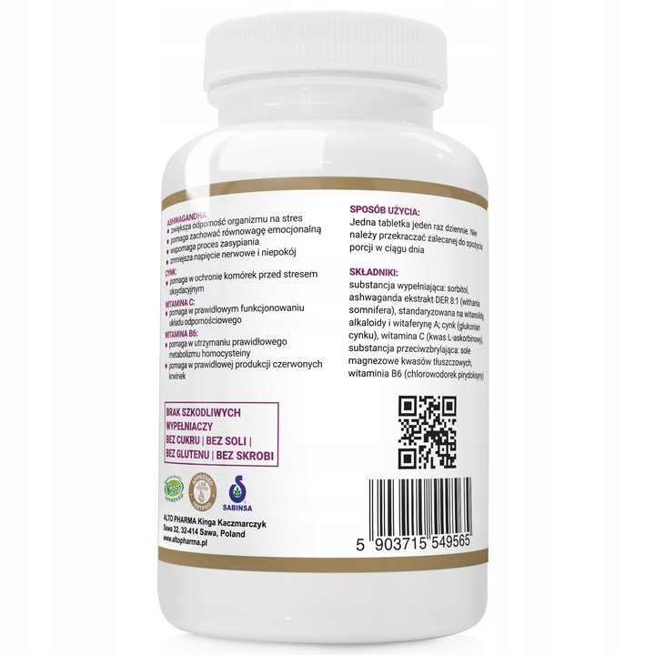 Ashwagandha + Cynk + Witamina C+ Wit B6 120 tab