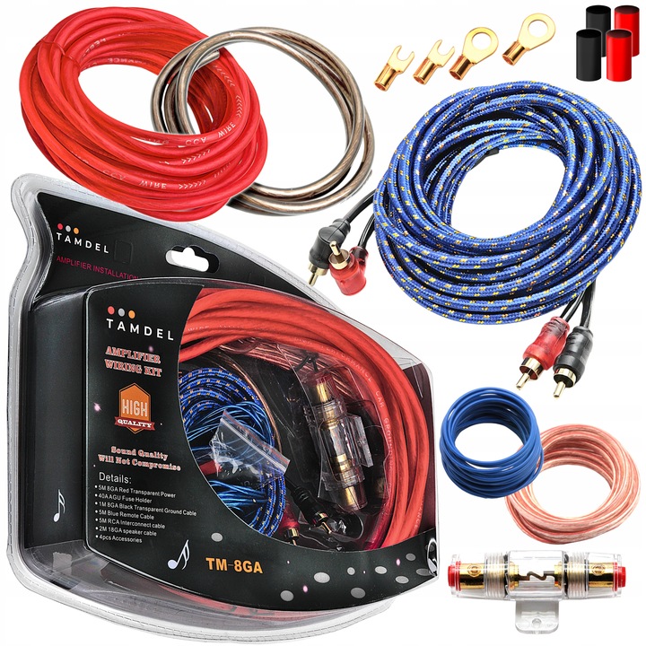 Zestaw kabli do wzmacniacza samochodowego 800W 8GA CCA + RCA + AGU