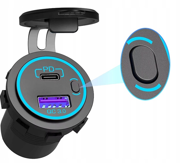 GNIAZDO ZAPALNICZKI Ładowarka samochodowa Szybkie ładowanie QC PD ON OFF N