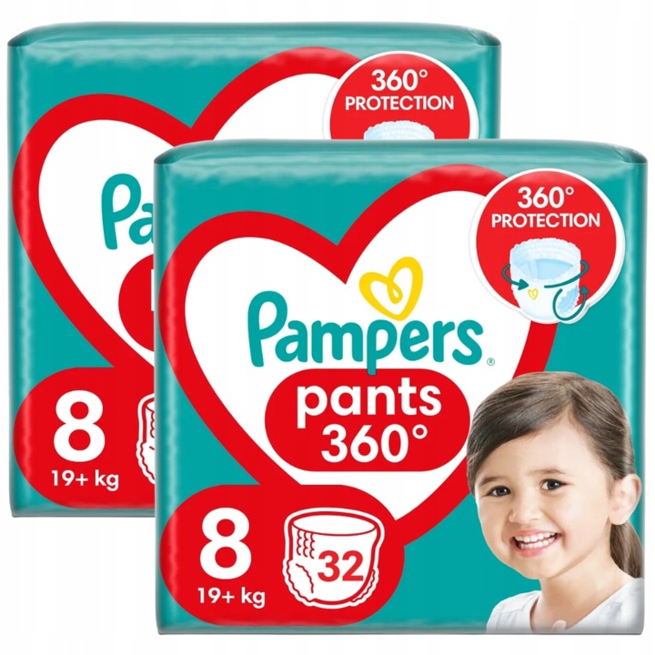 Zestaw Pampers Pants Pieluchomajtki, 19kg+, rozmiar 8, 2 x 32 szt + GRATIS