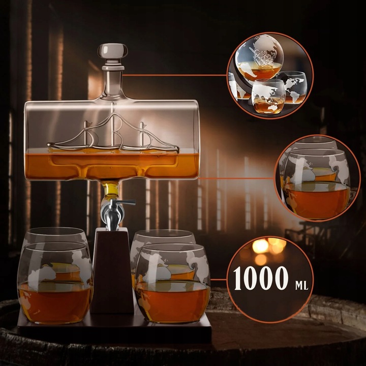 Zestaw do Whisky Karafka z Kranikiem Statek 4 Szklanki Prezent dla Faceta