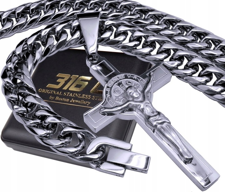 GRUBY SREBRNY ŁAŃCUSZEK Z KRZYŻYKIEM 316L PREMIUM