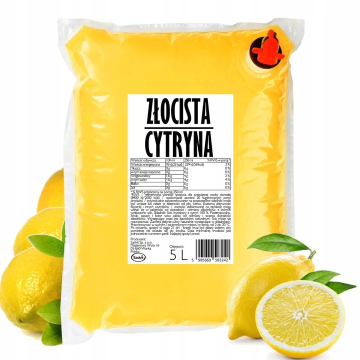 Sok cytrynowy 100% Tłoczony BEZ DODATKÓW NFC 5L z cytryn cytryna