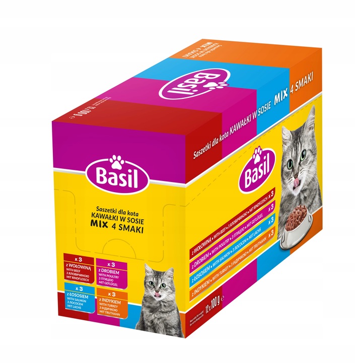 Mokra Karma dla kota KAWAŁKI w SOSIE Basil MIX 4 SMAKI 48 saszetek