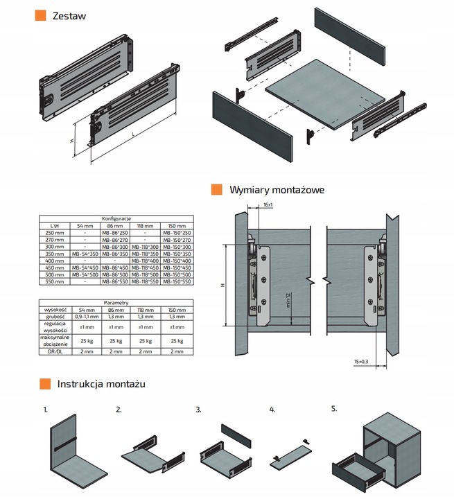 Szuflada wysoka METALBOX H-150 mm L-450 mm szary RAL9006 AMIX