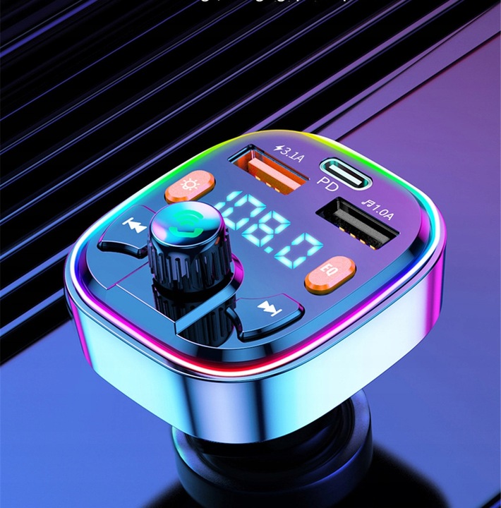 TRANSMITER FM BLUETOOTH 5.0 ŁADOWARKA QC 3.0 PD 20W RGB 2x USB USB-C