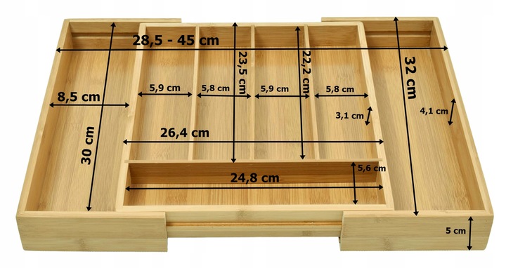 WKŁAD DO SZUFLADY NA SZTUĆCE BAMBUSOWY DREWNIANY ORGANIZER ROZSUWANY