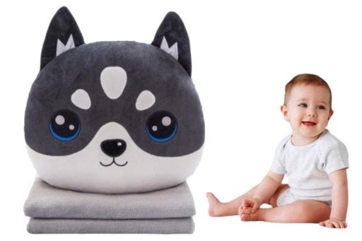 MASKOTKA PODUSZKA KOC OGRZEWACZ DO RĄK PIES HUSKY POPIELATY Z KOCEM 4w1