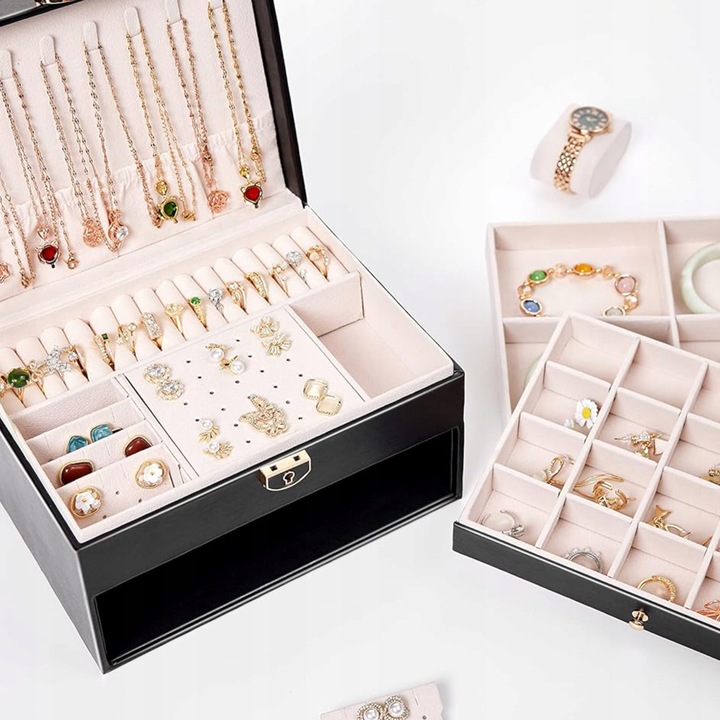 SZKATUŁKA NA BIŻUTERIE Z SZUFLADKAMI CZARNA ORGANIZER TRZY POZIOMY