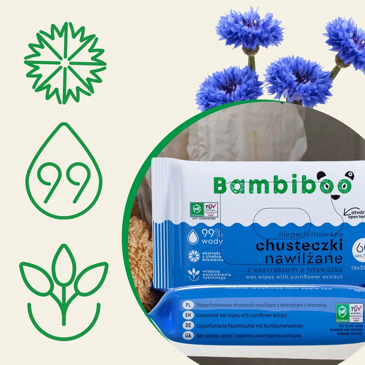 Chusteczki nawilżane Bambiboo 4x60szt. z ekstraktem z bławatka 99% wody