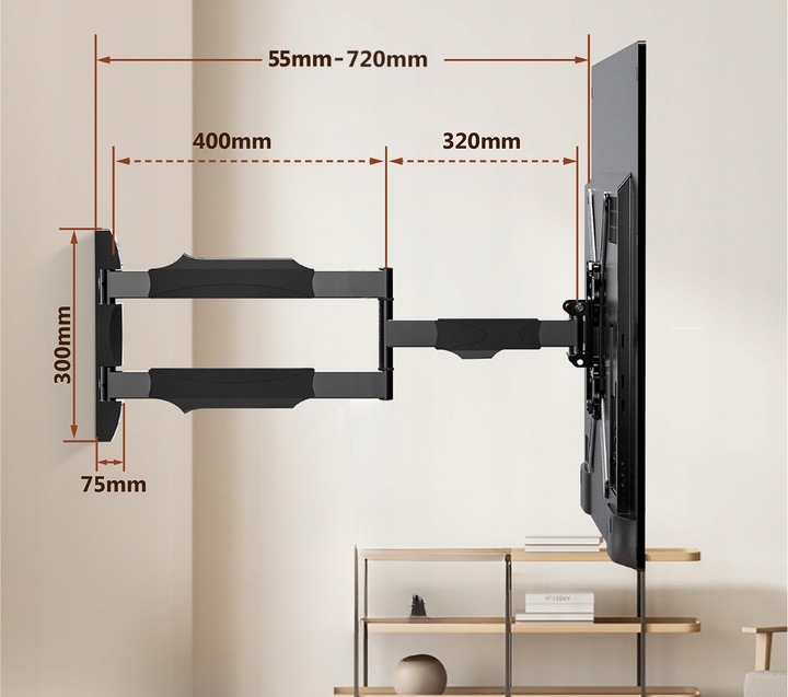 UCHWYT DO TELEWIZORA 26-55 CALI OBROTOWY DŁUGIE RAMIĘ 72CM REGULOWANY