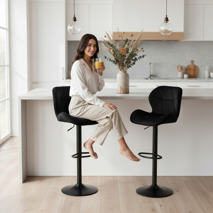 KRZESŁO BAROWE OBROTOWE REGULOWANE PIKOWANE HOKER WELUROWY CZARNY