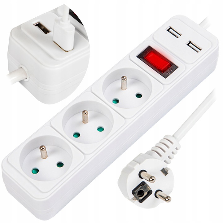 PRZEDŁUŻACZ LISTWA ZASILAJĄCA 3 GNIAZDA 3M 2X USB GRUBY KABEL