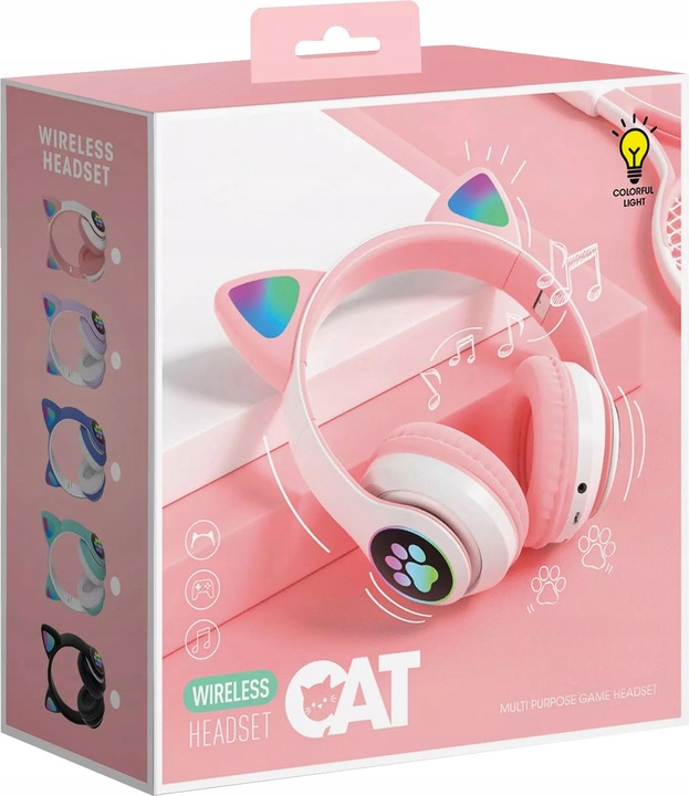 SŁUCHAWKI BEZPRZEWODOWE Z MIKROFONEM KOLOROWE KOCIE USZY LED DLA