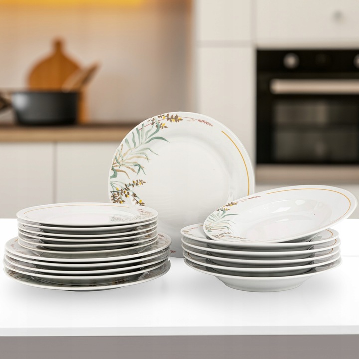 SERWIS OBIADOWY PORCELANOWY ZESTAW TALERZY BIAŁY NA 6 OSÓB WZÓR TRAWA
