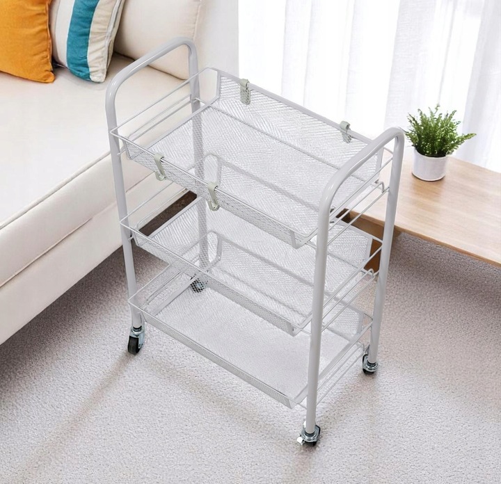 Metalowy wózek wielofunkcyjny 3-poziomowy z kółkami biały regał szafka