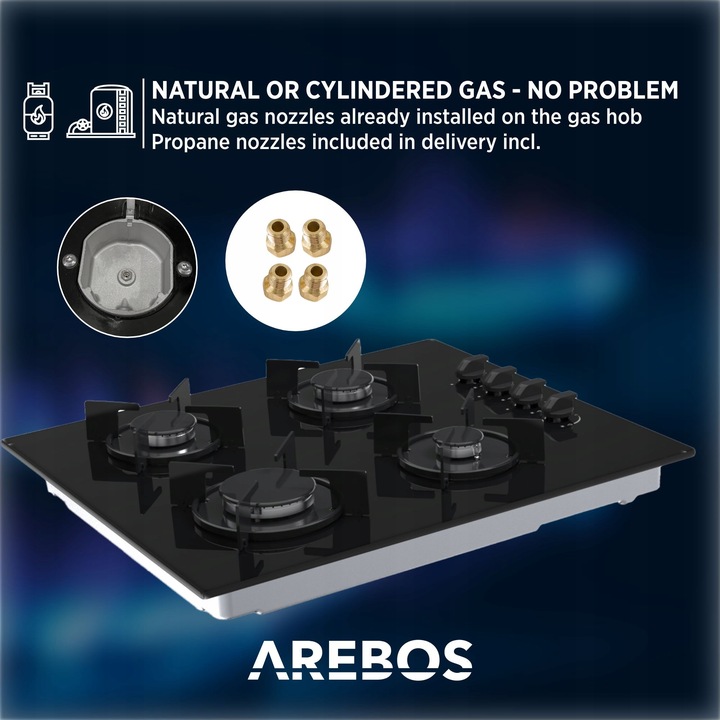 Arebos - Płyta gazowa | Szkło | Kuchenka 4 palnikowa