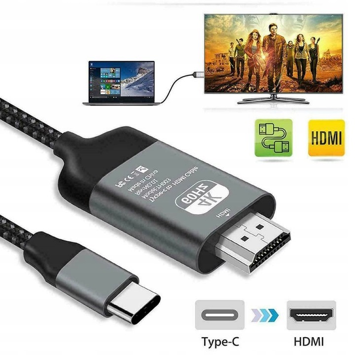 Kabel Przewód Adapter Przejściówka USB-C 3.1 TYP C DO HDMI 4K MHL 200cm TV