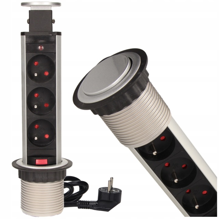 GNIAZDO POTRÓJNE WPUSZCZANE CHOWANE W BLAT NABLATOWE GNIAZDKO SREBRNE