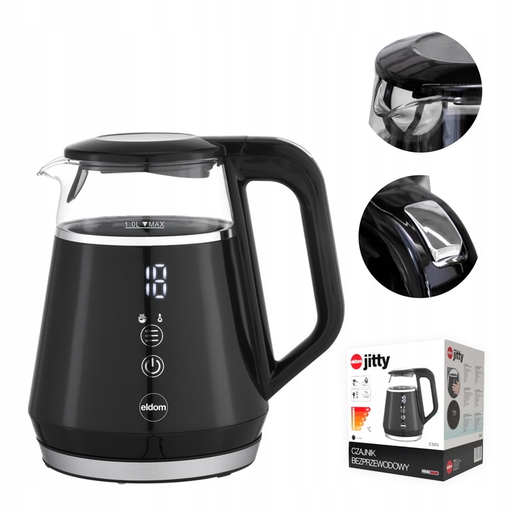 CZAJNIK ELEKTRYCZNY BEZPRZEWODOWY SZKLANY 1L PANEL DOTYKOWY 1100W