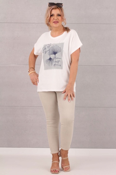 BLUZKA BAWEŁNIANA Z KRÓTKIM RĘKAWEM DUŻE ROZMIARY NA LATO Z NADRUKIEM LUŹNA