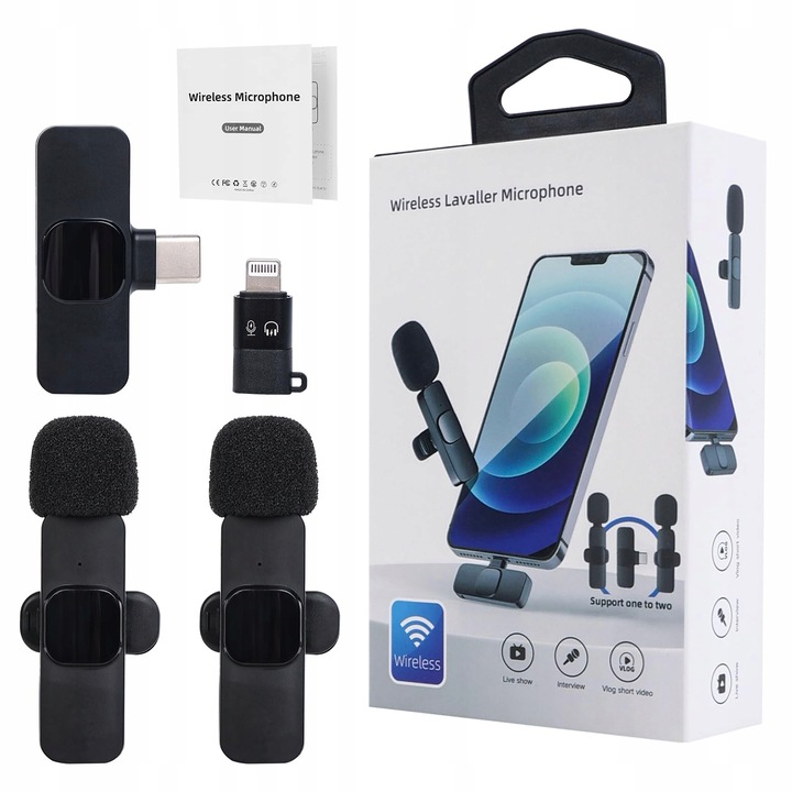 2x MIKROFON BEZPRZEWODOWY KRAWATOWY + ODBIORNIK USB-C + ADAPTER DO IPHONE