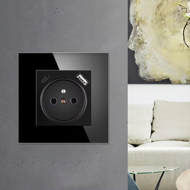 Gniazdko pojedyncze SZKLANE 230V KONTAKT z BOLCEM uziemieniem CZARNE