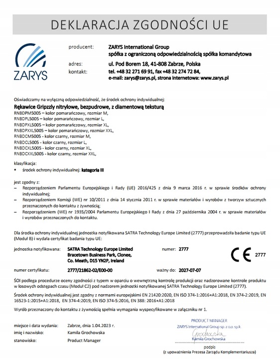 RĘKAWICE ochronne NITRYLOWE GRIPZZLY GRIPY ZARYS pomarańczowe roz.L 50