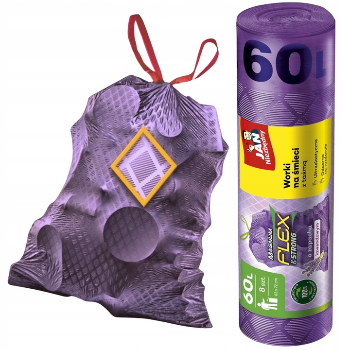 6X WORKI NA ŚMIECI Z TAŚMĄ 60L 6X8 SZT LAWENDOWE MAGNUM FLEX JAN