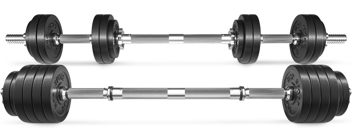 Hantle żeliwne 2x15kg zestaw z przedłużanym gryfem ryflowanym +