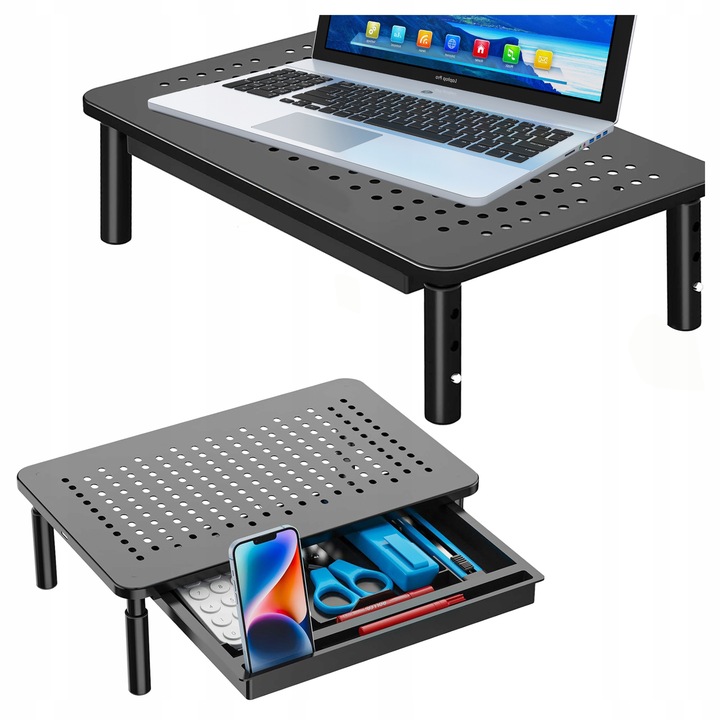 Stolik Pod Laptop Drukarkę Monitor Do 20kg Regulowany Z Szufladą Czarny