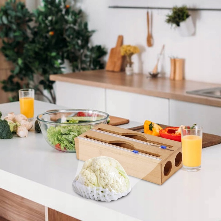 DOZOWNIK BAMBUSOWY DO FOLII SPOŻYWCZEJ Z OBCINACZEM KUCHENNY DWUKOMOROWY