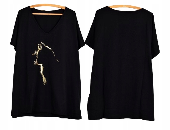 T-SHIRT OVERSIZE KOSZULKA BAWEŁNA ZŁOTA APLIKACJA KOTEK V dekolt L-XXXL T15