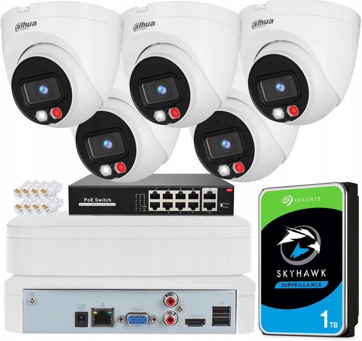 Zestaw Monitoringu Dahua 5 Kamer 4Mpx Dzień/Noc Kolor Detekcja AI NVR 8CH