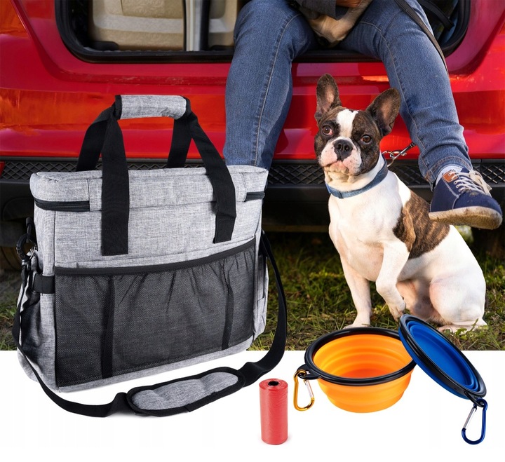 Torba podróżna dla psa miski pojemniki smycz worki