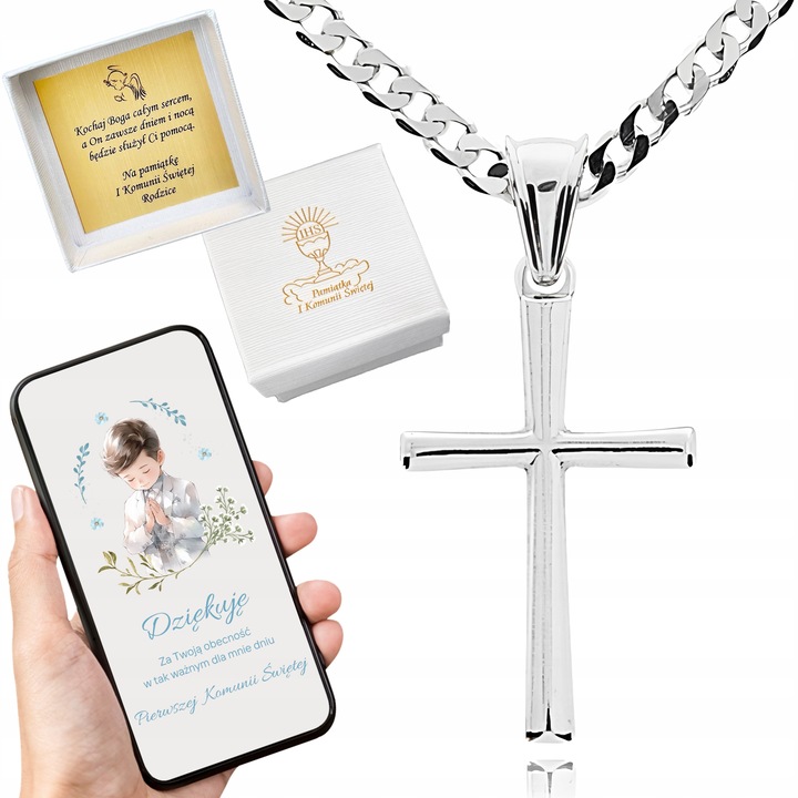 SREBRNY ZESTAW KOMUNIJNY ŁAŃCUSZEK I KRZYŻYK 45CM DLA CHŁOPCA NA PREZENT