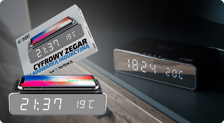 BEZPRZEWODOWA INDUKCYJNA ŁADOWARKA QI CYFROWY ZEGAR BUDZIK TERMOMETR