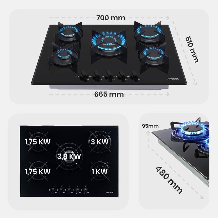 Arebos - Płyta gazowa | Szkło | 5 Palnik