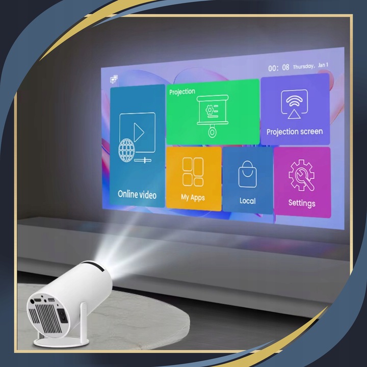 PROJEKTOR RZUTNIK 4K OBROTOWY Z GŁOŚNIKIEM PRZENOŚNY LED ANDROID WIFI