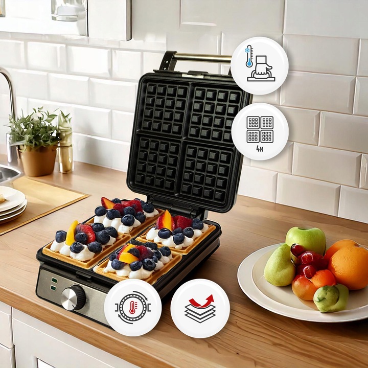 MOCNA GOFROWNICA 4 CHRUPIĄCE GOFRY REGULACJA TEMPERATURY TERMOSTAT 1500W